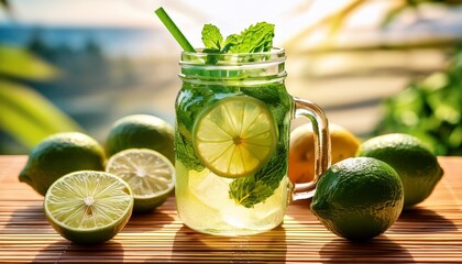 Citrus mojito with floating lime slices and fresh mint leaves, served in a mason jar — a refreshing and vibrant summer drink.

