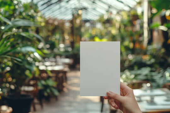 Hand holding a blank textured menu mockup against a lush green background, perfect for branding, restaurant identity, advertising, or design presentation in a natural setting. Copy space, mock up
