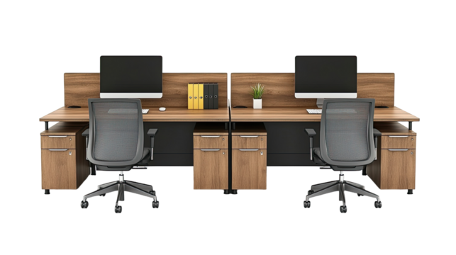 Modern office workstation with dual chairs, isolated on transparent background