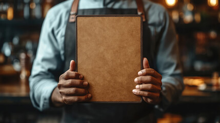 Close-up of a waiter in formal attire with a leather empty menu in a sophisticated restaurant, symbolizing hospitality, fine dining,luxury service in an upscale dining environment. Copy space, mock up