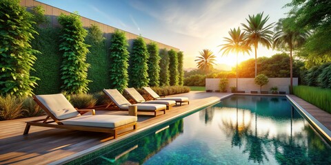 Fototapeta premium Modern Poolside Retreat: Urban Oasis Sun Loungers Luxury Chic Swimming Pool Relaxation