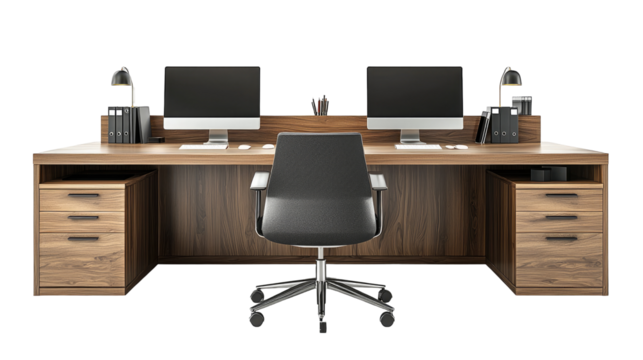 Professional office desk setup with chair and computers, isolated on transparent background