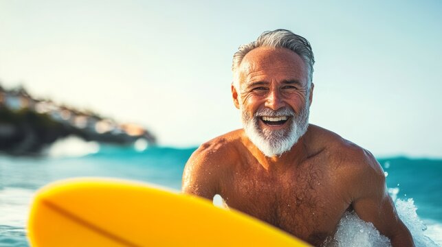 Man is smiling and holding a yellow surfboard in the ocean. Scene is happy and carefree