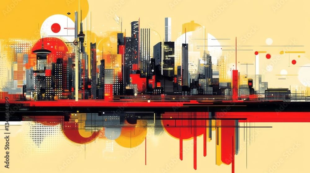 Poster abstract cityscape rendering with bold colors and graphic elements