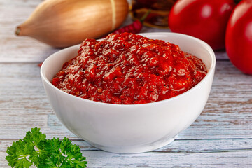 Bulgarian traditional lutenica pepper sauce