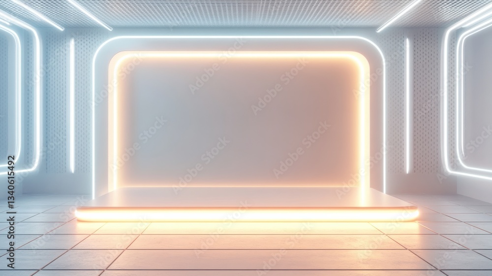 Poster white surface with embossed shape and white illuminated trim. tech background with neon rectangle. 3