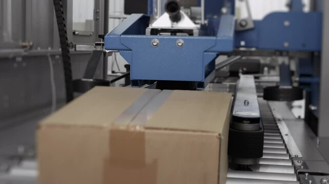 Automated production conveyor line in a modern factory. Packing cardboard boxes on a production conveyor. Cardboard boxes are sealed with tape on the production line. Machine mechanism.