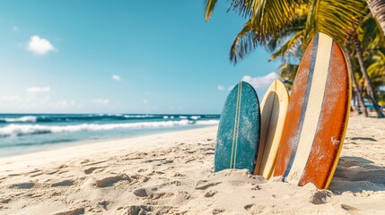 Three surfboards are laying on the sand on a beach. The surfboards are blue, green, and orange. The beach is calm and peaceful, with the ocean in the background