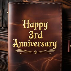 Happy 3rd anniversary text on brown leather cover. 