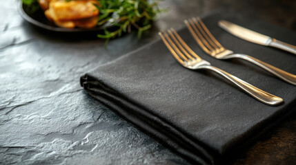 Black menu mock up on elegant restaurant table setting with luxurious gold cutlery,black napkin on dark background. Concept of fine dining,minimalistic branding,upscale hospitality. Banner,copy space.