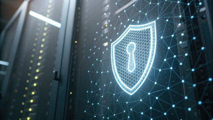 Close-up of a glowing shield icon on a digital screen, symbolizing cybersecurity and protection, with binary code and network connections in the background. Digital security and data protection