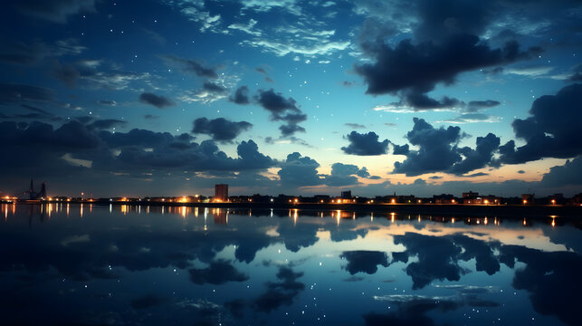 Captivating night view of a city skyline with bright lights and reflections on calm water creating a homogeneous urban landscape.