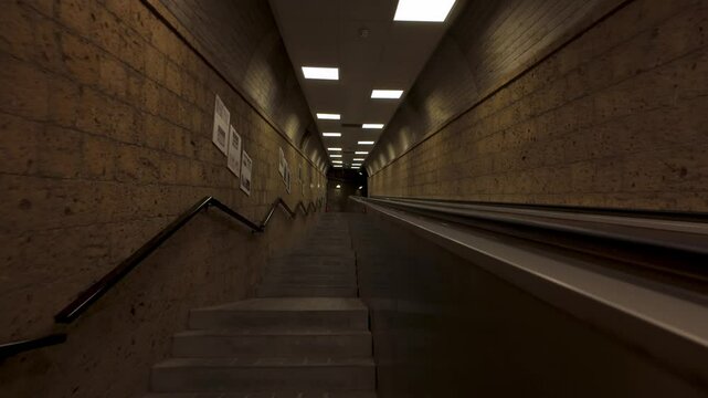 Indoor Stairs And Escalator In Ancient City Of Orvieto In Umbria, Italy. POV, handheld shot