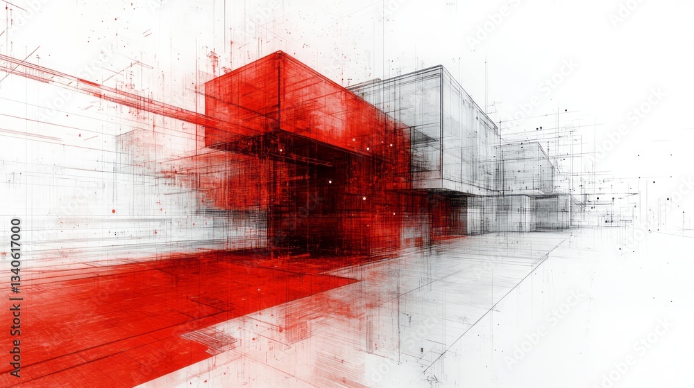Poster abstract architectural rendering showcases modern design elements in red and gray