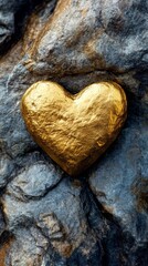 Obraz premium Golden heart-shaped stone on rugged rock background, symbol of love and strength