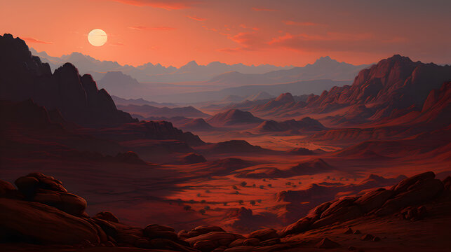 Breathtaking desert landscape at sunset with vibrant colors and silhouettes of dunes creating a homogeneous scene of natural beauty.