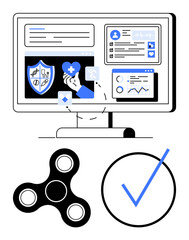 Computer screen displaying health data, analytics, and wellness tools with icons of fidget spinner and checkmark. Ideal for healthcare, technology, data management, self-care, productivity