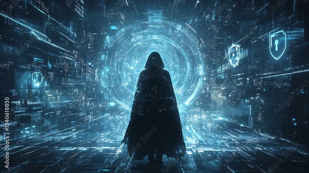 Poster a shadowy hacker figure in a hooded cloak, encircled by pulsating digital symbols in a futuristic cy