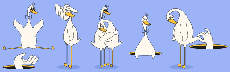 Set of cute Funky Goose sticker isolated light background. Funny Sticker collection. Neo-psychedelia Whimsical bird icon set. EPS 10