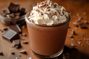 Decadent Dark Chocolate Mousse Delight: Indulge in Rich Layers of Creamy Mousse, Whipped Cream, Chocolate Shavings, and a Touch of Sea Salt on a Rustic Wooden Table