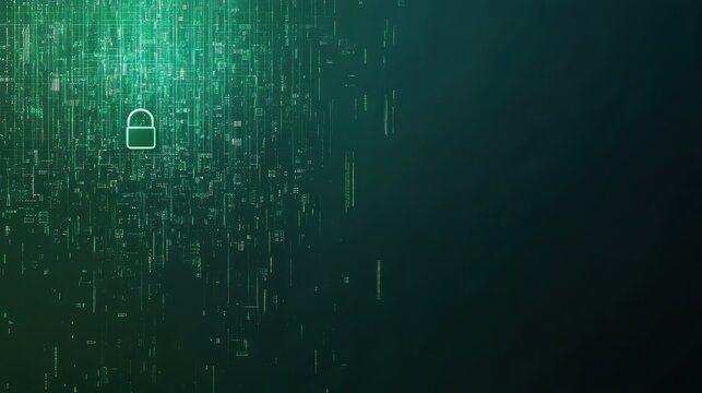 Cyber security theme with a padlock icon, data streams, and matrix code on a dark green background.