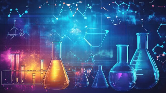 A chemistry-themed background featuring molecular structures, chemical equations, and lab equipment silhouettes. Scientific theme. For presentations on chemistry or pharmaceuticals. illustration