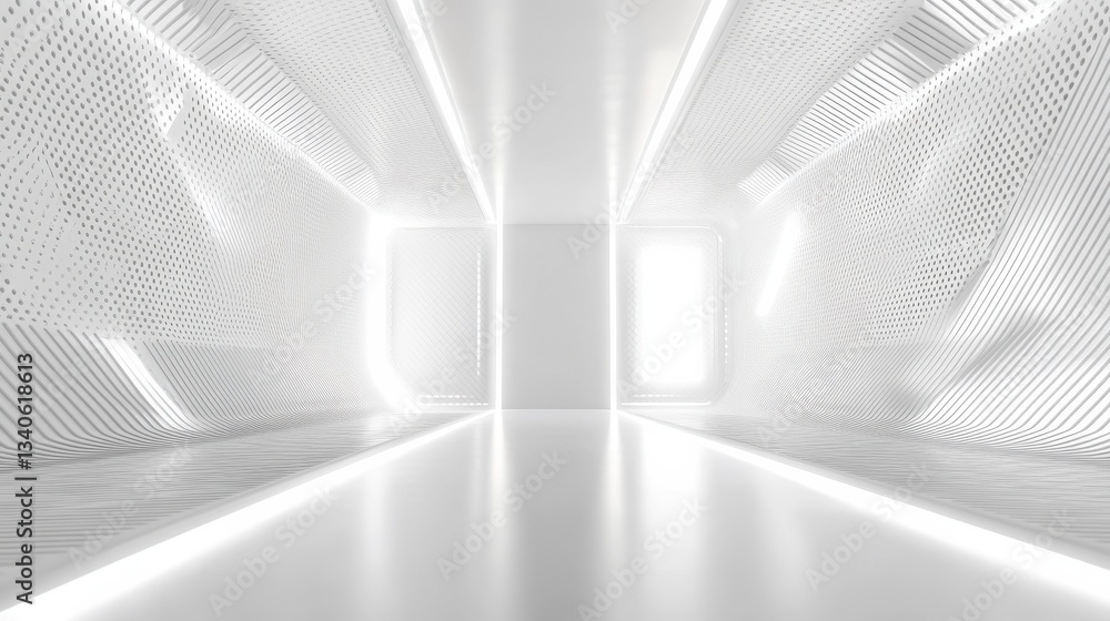 Poster white surface with embossed shape and white illuminated trim. tech background with neon rectangle. 3