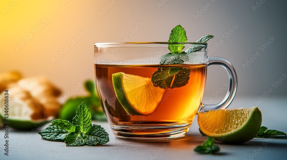 Poster cup of tea with a slice of lime and a sprig of mint. concept of relaxation and refreshment