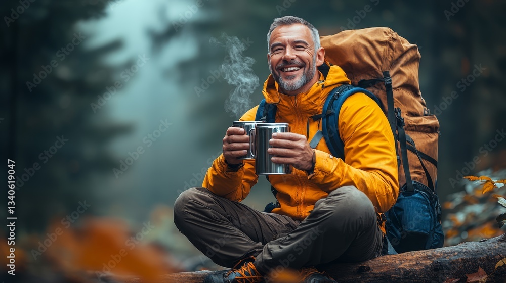 Poster man in a yellow jacket is sitting on a log with a cup of coffee in his hand. he is smiling and he is