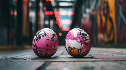 Graffiti-covered Easter eggs on a rough urban concrete surface, neon street lights in the background, edgy photography aesthetic
