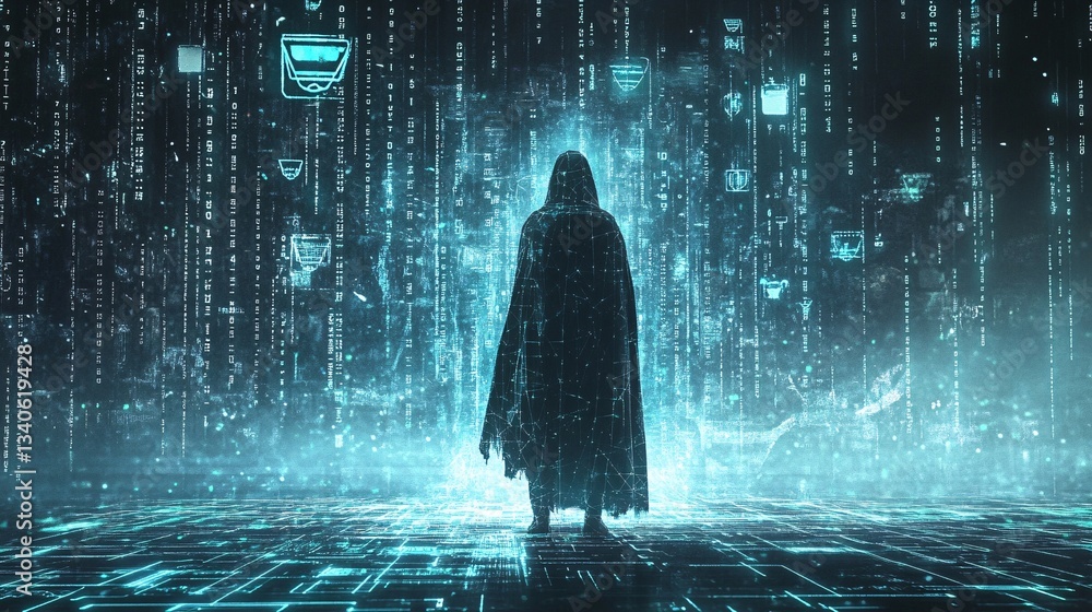 Poster a dark silhouette in a long cloak surrounded by bright digital code, embodying the concept of artifi