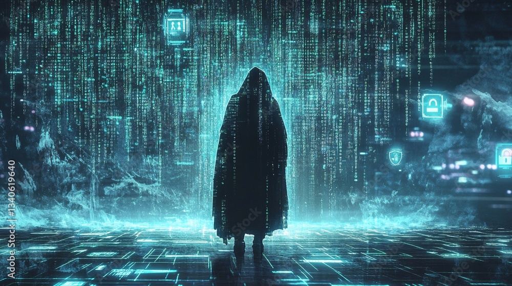 Poster a mysterious figure in a long cloak, glowing symbols of code floating around, illustrating themes of