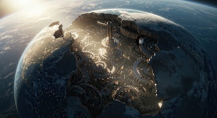 Complex Planetary Gears Inside Fractured World Globe with Sunlight