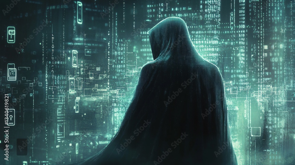 Poster a shadowy hacker in a cape, illuminated by cascading digital code, standing as a guardian of cybersp