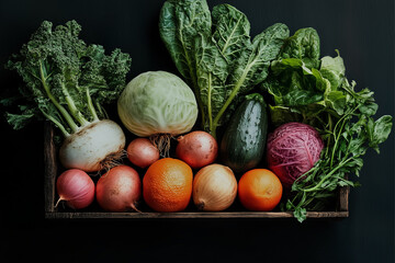 A fresh assortment of healthy vegetables, including cabbage, onion, celery, and potato, artfully arranged on a surface