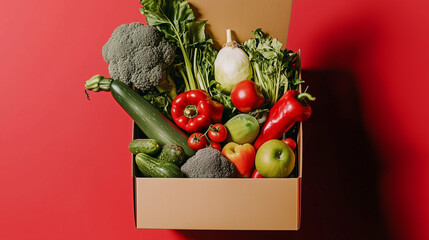 A box filled with fresh, healthy vegetables like cabbage, onion, celery, and potato, tomato, alongside a variety of fruits