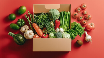 A box filled with fresh, healthy vegetables like cabbage, onion, celery, and potato, tomato, alongside a variety of fruits