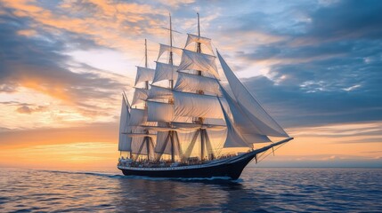 Obraz premium A majestic sailing ship with tall masts and full sails gliding across the open ocean, bathed in warm evening light.