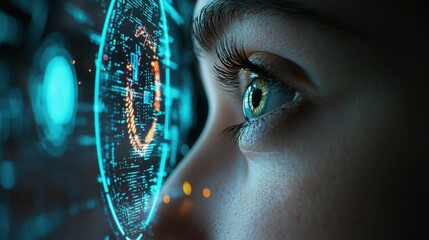 Woman's face overlaid with a futuristic interface background representing ai-assisted biometric scanning