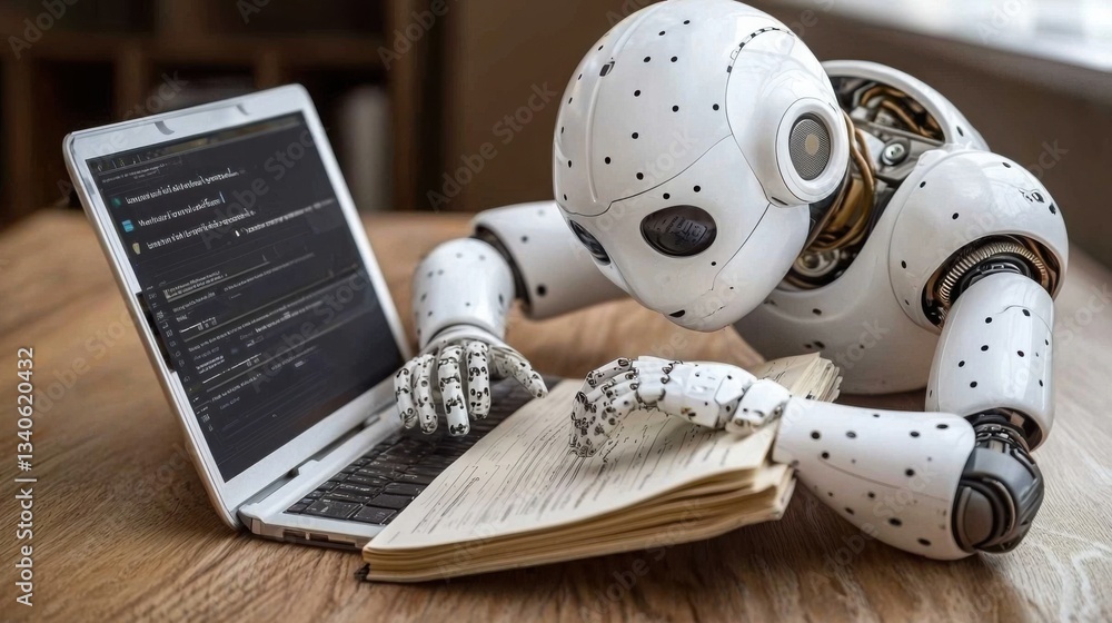 Poster an intelligent robot reading a book in a high-tech environment representing learning in financial se