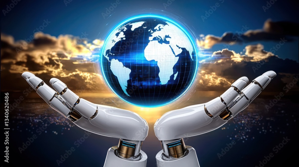 Poster a robot holding a globe in a high-tech environment symbolizing global connectivity for network troub