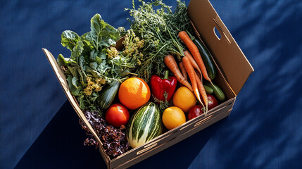 A box filled with fresh, healthy vegetables like cabbage, onion, celery, and potato, tomato, alongside a variety of fruits