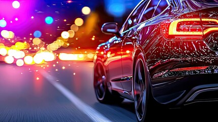 Naklejka premium Night Drive: Sleek Car on City Road