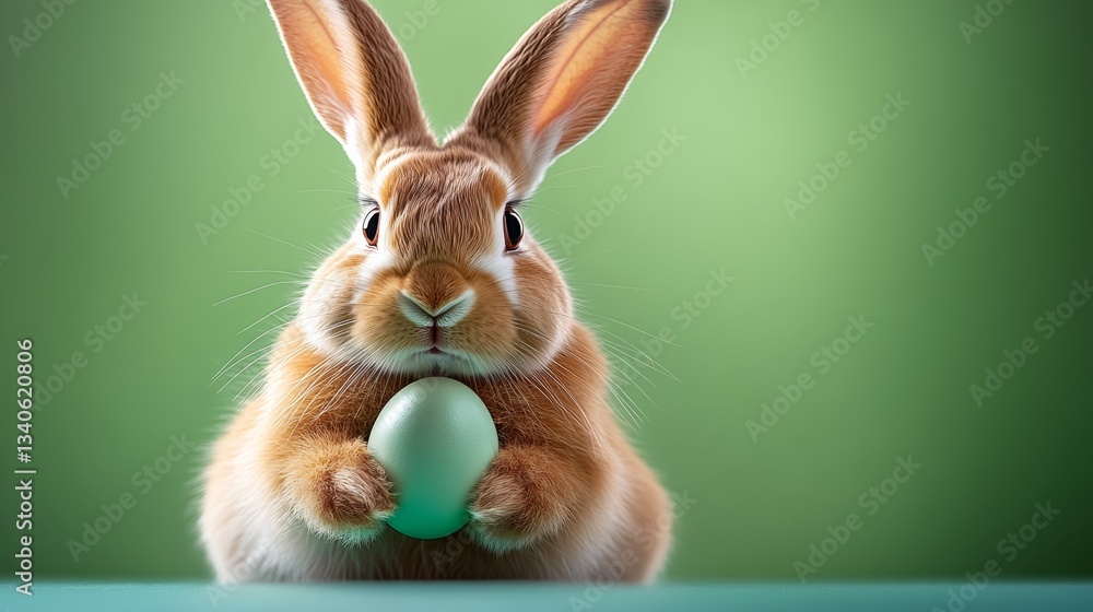 Poster rabbit is holding an egg in its mouth. the rabbit is looking at the camera with a curious expression