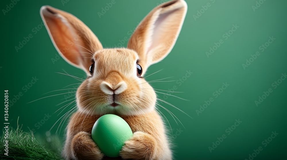 Poster rabbit is holding an egg in its mouth. the rabbit is looking at the camera with a curious expression