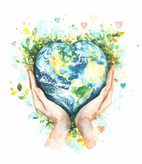 Hands holding a heart-shaped Earth surrounded by greenery and love Generative AI