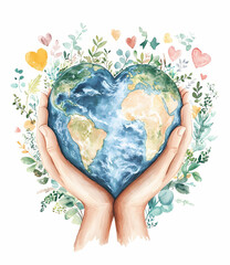 Hands holding a heart-shaped earth surrounded by colorful plants and hearts Generative AI