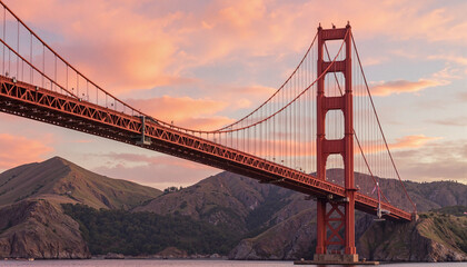 Fototapeta premium Golden Gate Bridge at sunset with mountains in the background