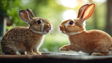 Two rabbits are sitting on a wooden surface, one of them is making a funny face. The scene is lighthearted and playful, with the rabbits seemingly engaged in a conversation or a friendly interaction