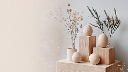 A minimalist zero-waste Easter scene featuring wooden eggs, dried flowers, and recycled materials in warm natural light